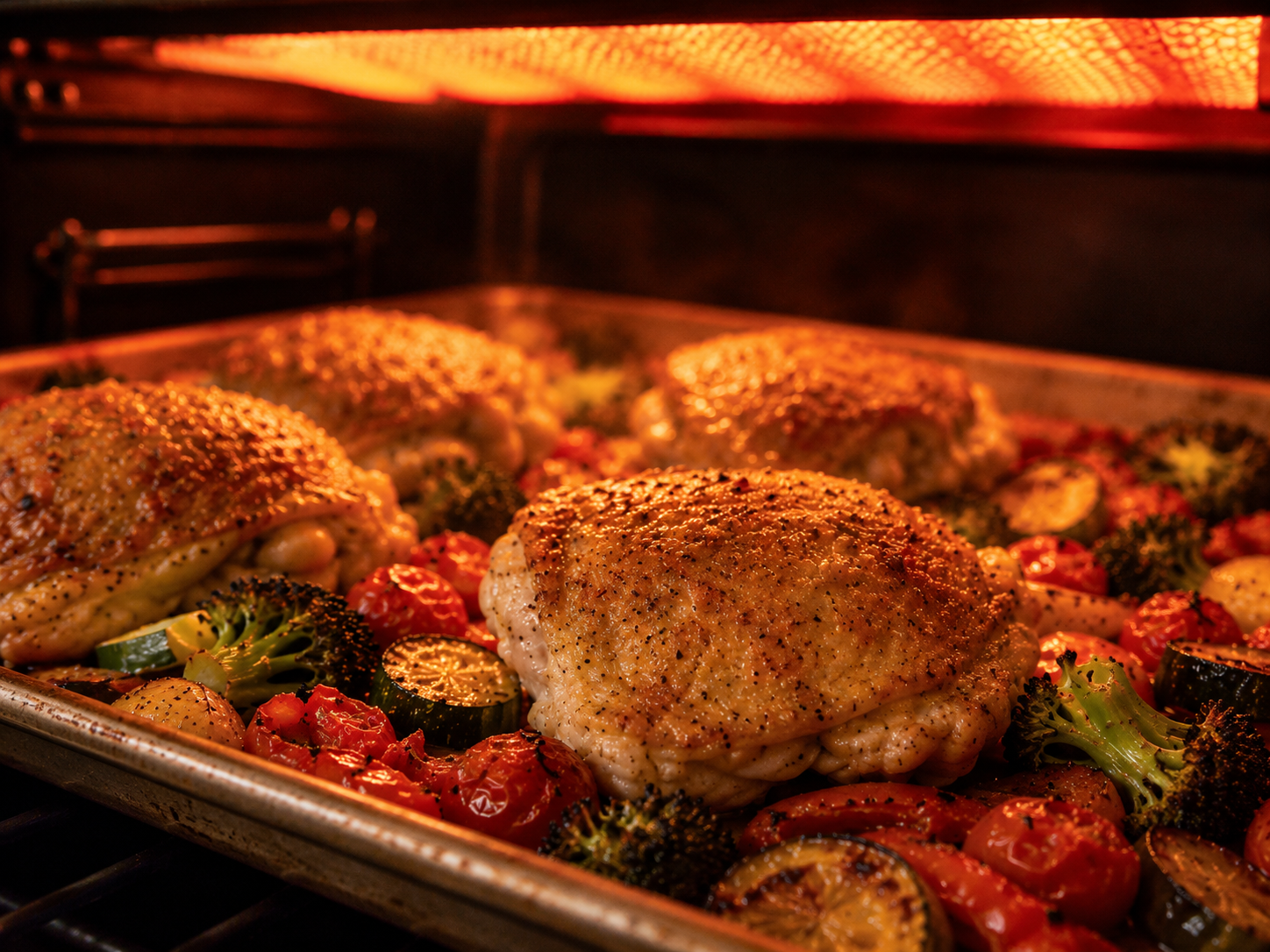 Sheet pan chicken under the broiler — skin crisping up and parmesan starting to toast beautifully