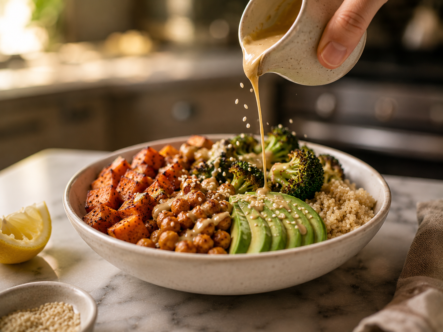 Finished buddha bowl garnished with sesame seeds and a lemon wedge — vibrant and colorful