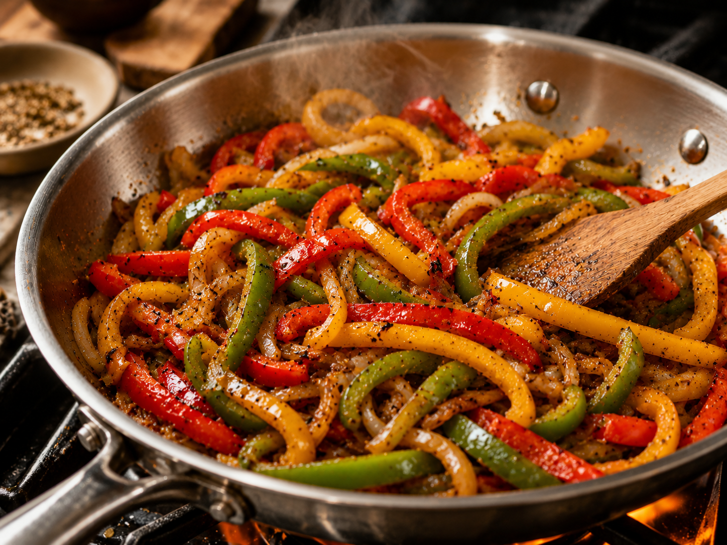 Peppers and onion cooking in a cast iron skillet over high heat — edges charring beautifully