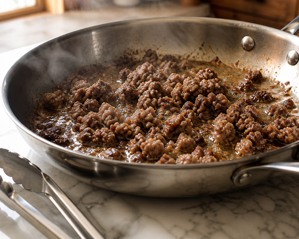 Breakfast sausage browning and crumbling in a skillet over medium heat