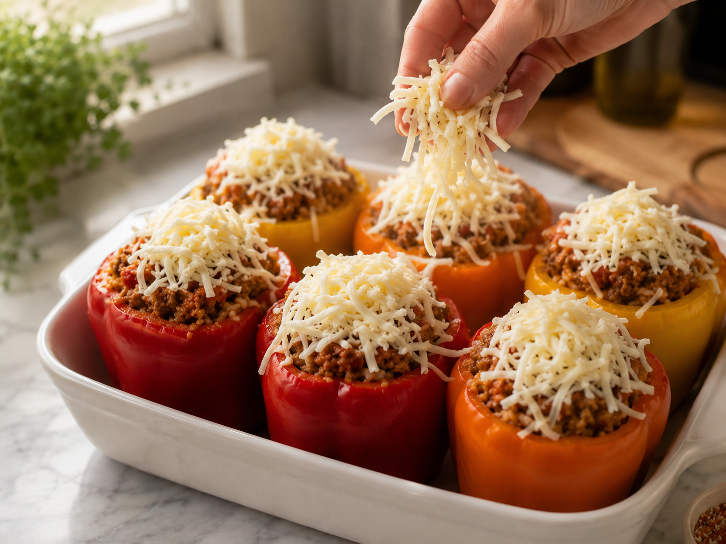 Generous mozzarella cheese added on top of each stuffed pepper before baking
