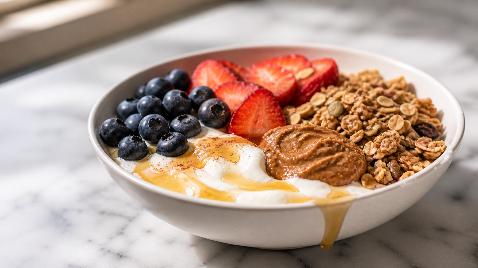 Greek yogurt protein bowl topped with fresh blueberries, granola, almond butter and a drizzle of honey