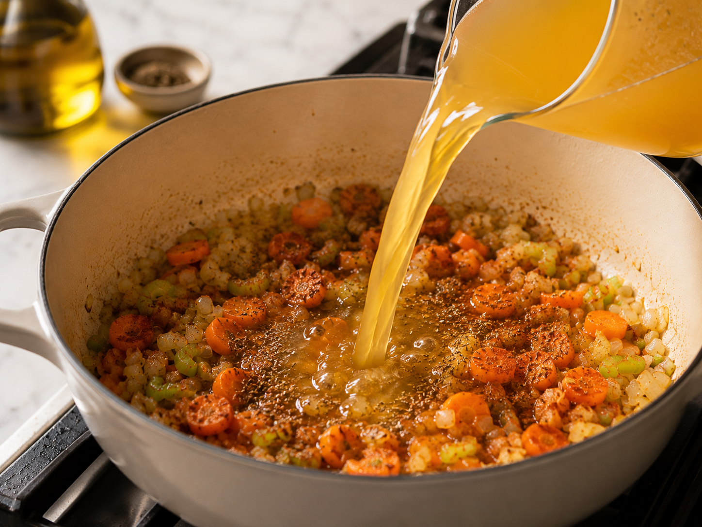 Chicken broth and seasonings added to the pot — coming to a gentle boil