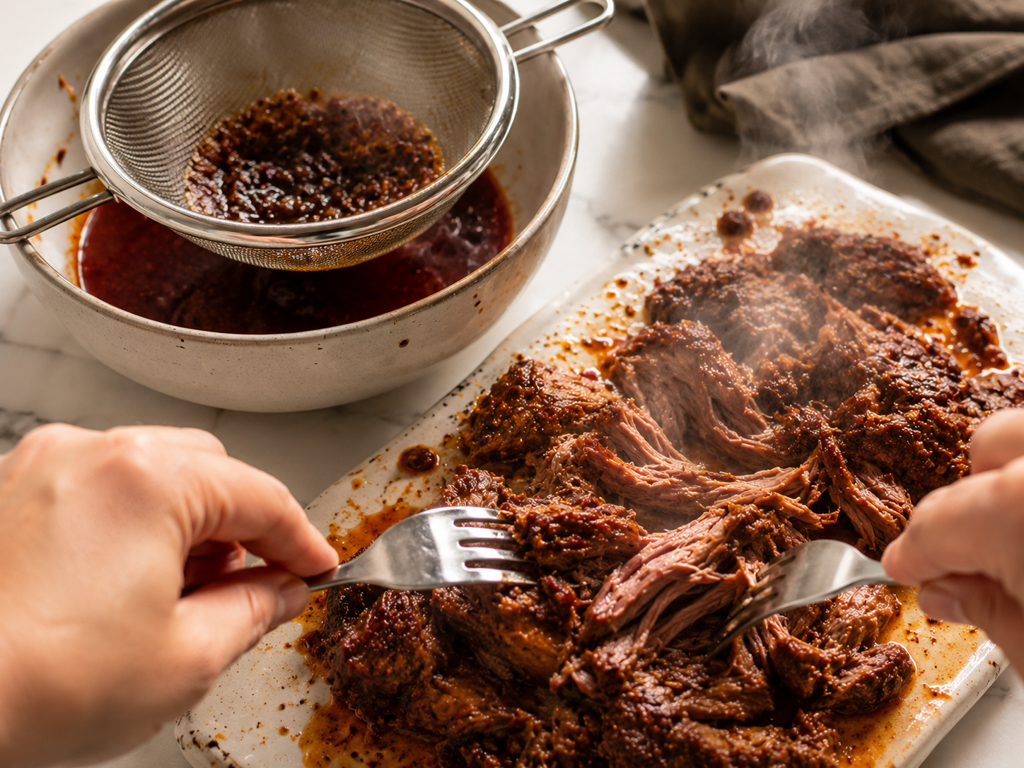 Tender braised beef being shredded with two forks &mdash; falling apart perfectly