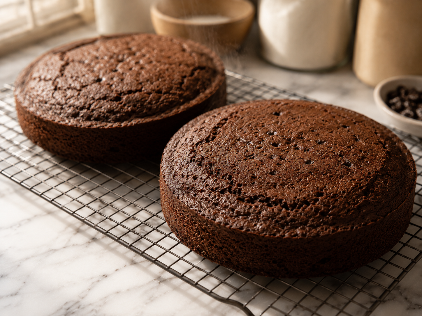 Two baked chocolate Oreo cake layers cooling on a wire rack — golden edges and a clean toothpick