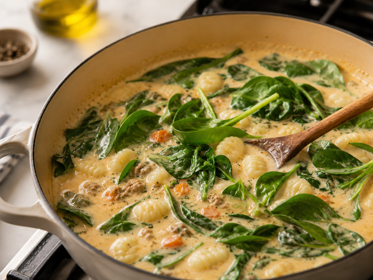 Fresh baby spinach stirred into the creamy soup — just wilted, still bright green