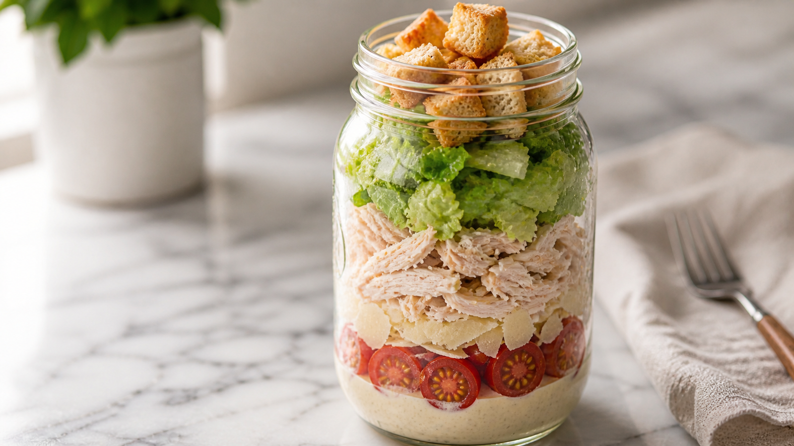 Chicken Caesar mason jar salad — layers of romaine, grilled chicken, cherry tomatoes, Parmesan and croutons visible through the glass