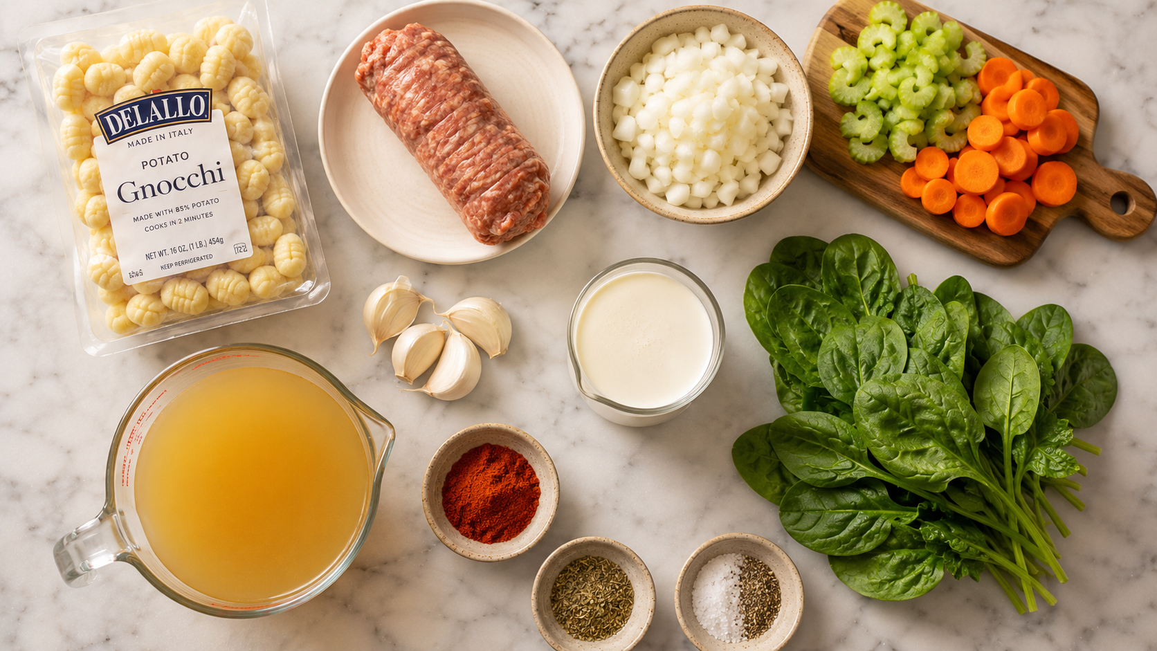 All creamy gnocchi soup ingredients laid out — sausage, gnocchi, vegetables, cream, broth and spinach