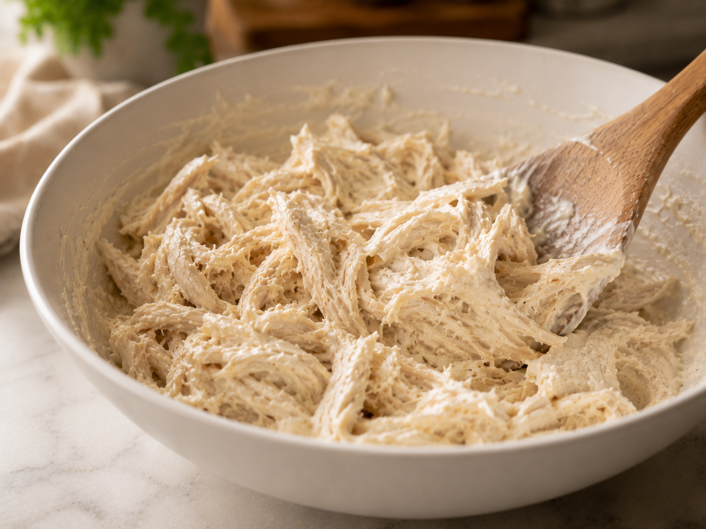 Shredded chicken folded gently into the seasoned mayo base
