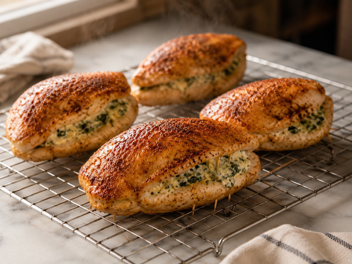 Stuffed chicken resting after baking — juices settling before slicing
