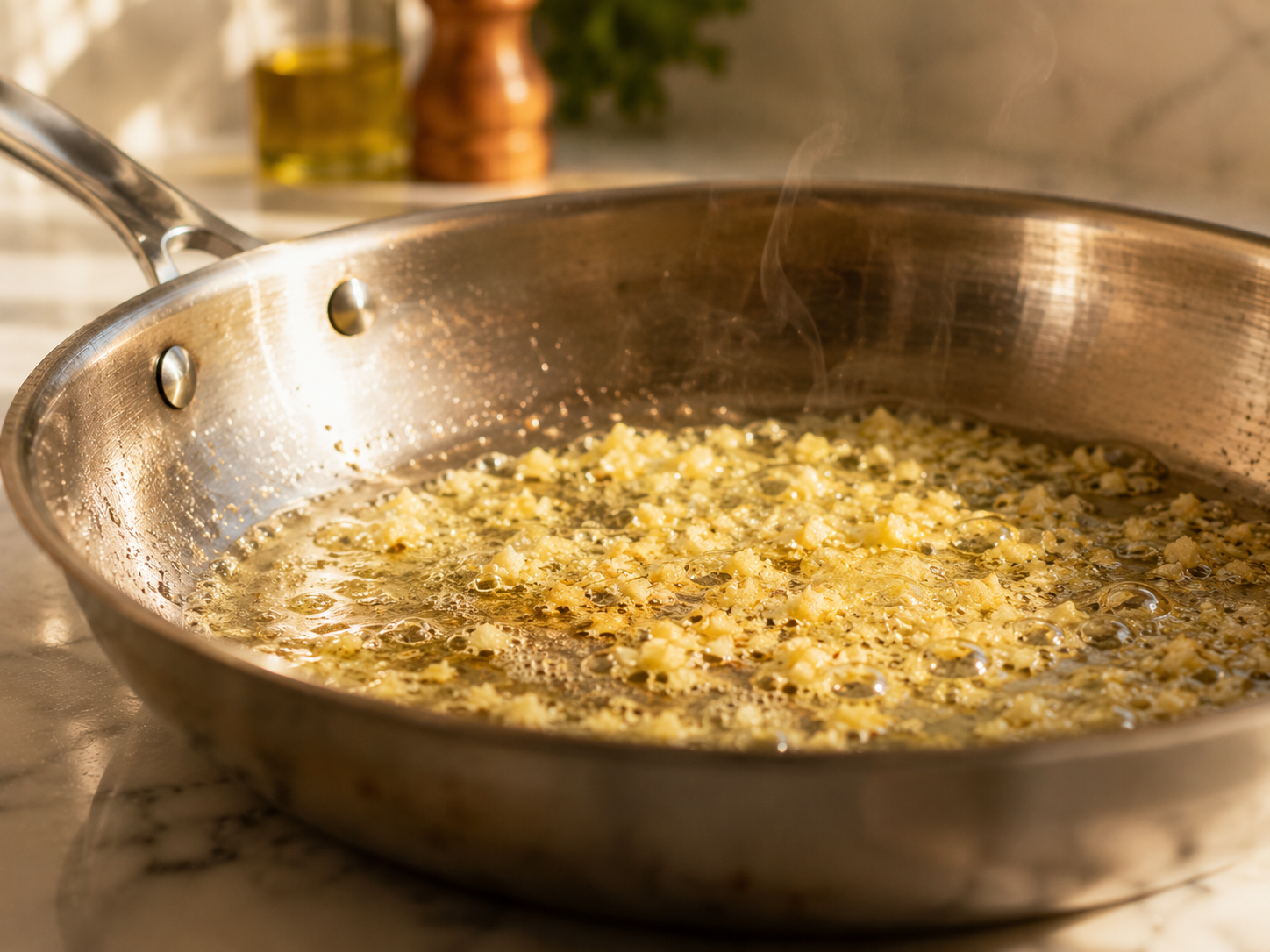 Minced garlic sizzling in melted butter in a hot skillet — fragrant and golden