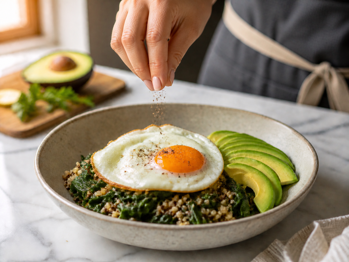 Savory breakfast bowl assembled — egg placed over spinach and quinoa with avocado slices fanned alongside