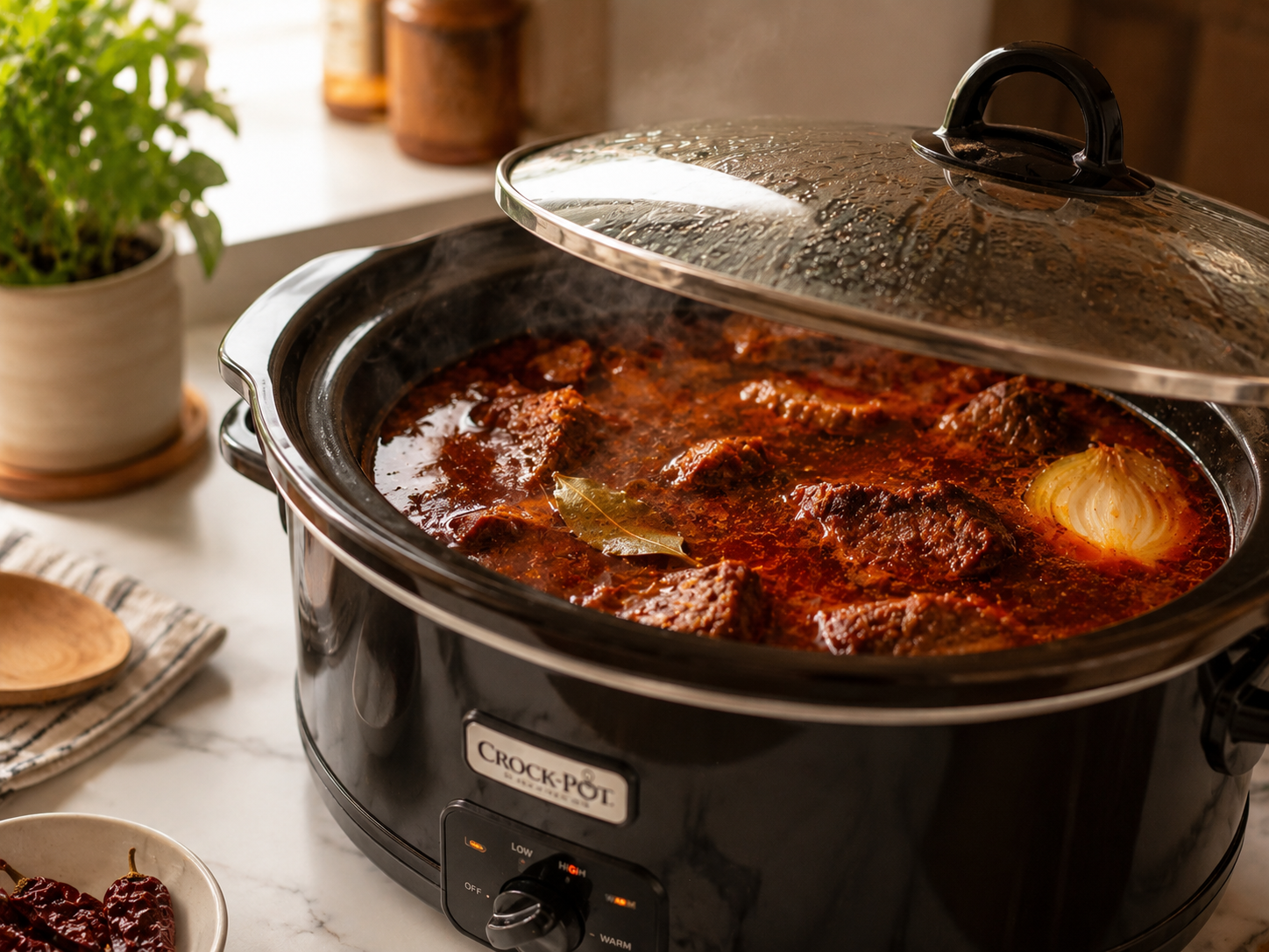 Seared beef covered in chile sauce in the slow cooker &mdash; ready to braise low and slow