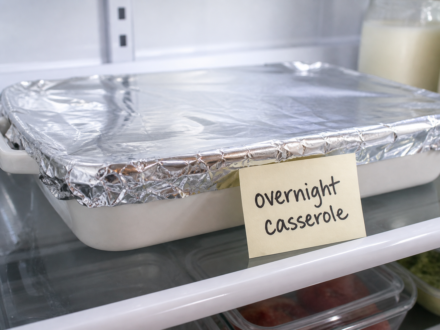Assembled casserole covered tightly with foil and ready to refrigerate overnight