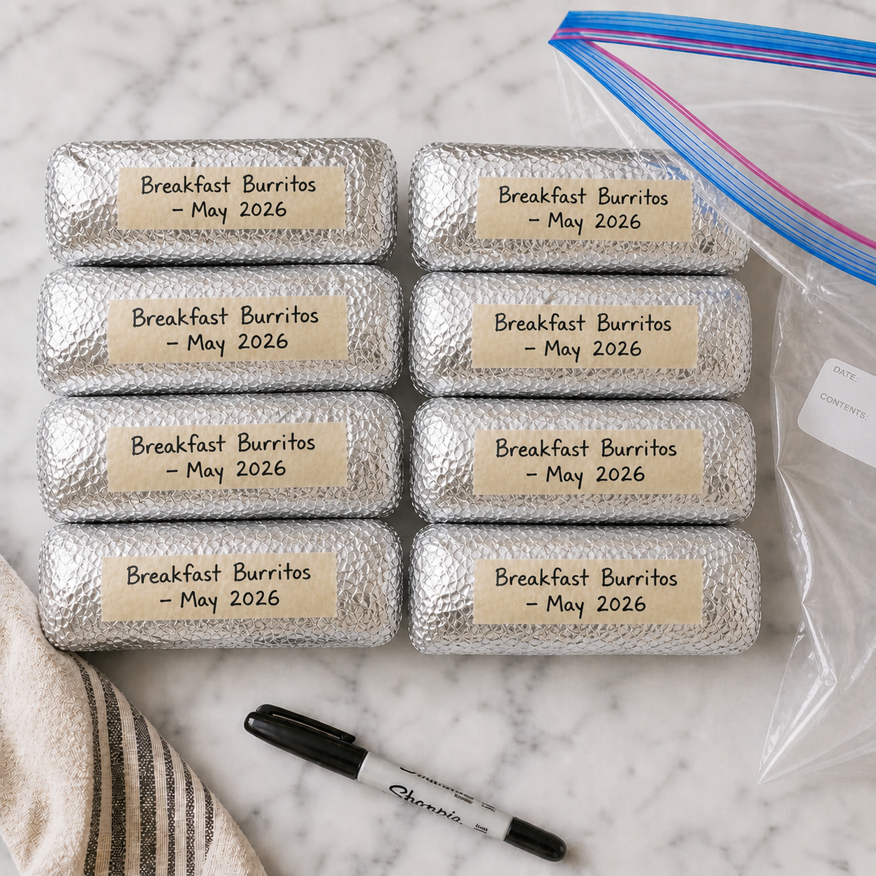Finished breakfast burritos wrapped individually in foil and packed into a labeled freezer bag