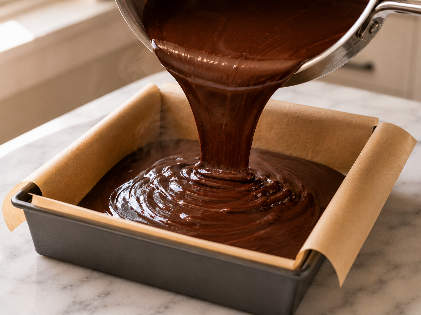 Chocolate fudge mixture poured into the lined pan and spread smooth with a spatula