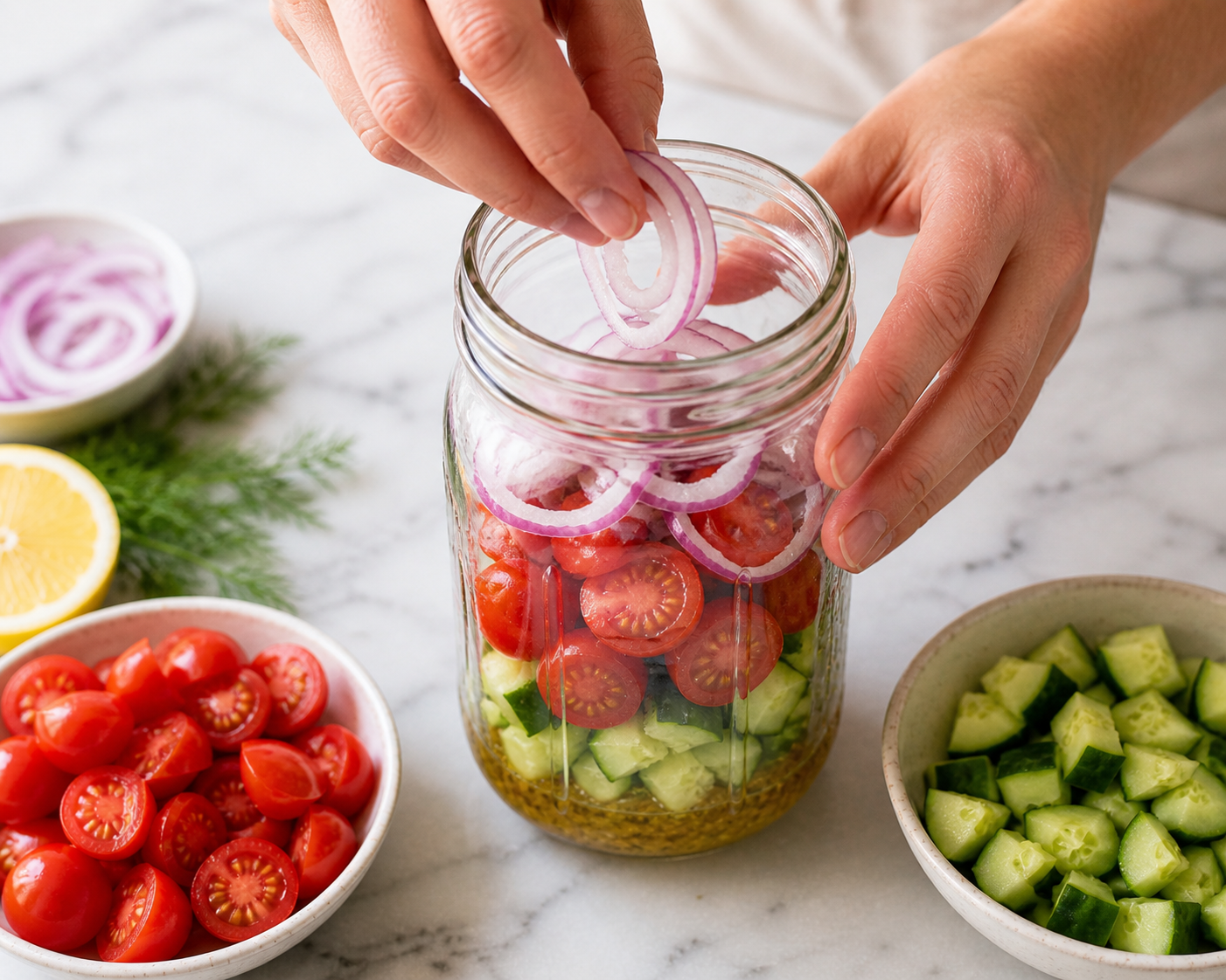 Diced cucumber, halved cherry tomatoes and sliced red onion layered over the dressing in the jar