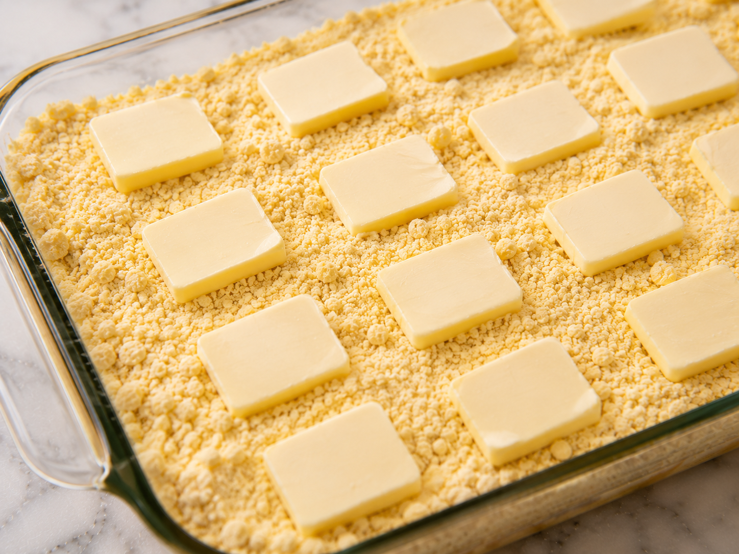 Thin butter slices laid across the top of the cake mix — covering as much surface as possible
