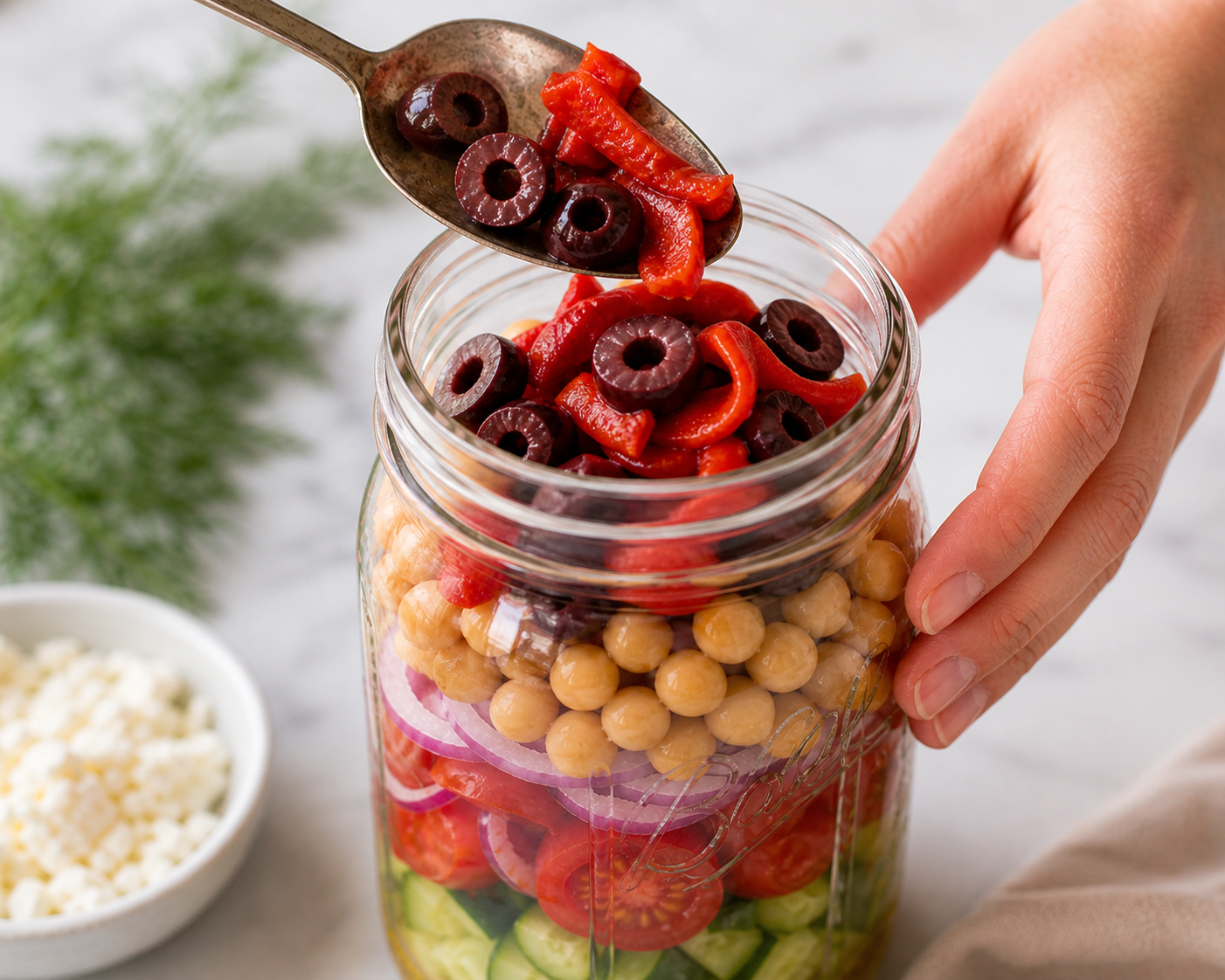 Sliced kalamata olives and roasted red peppers scattered over the vegetable layer in the jar