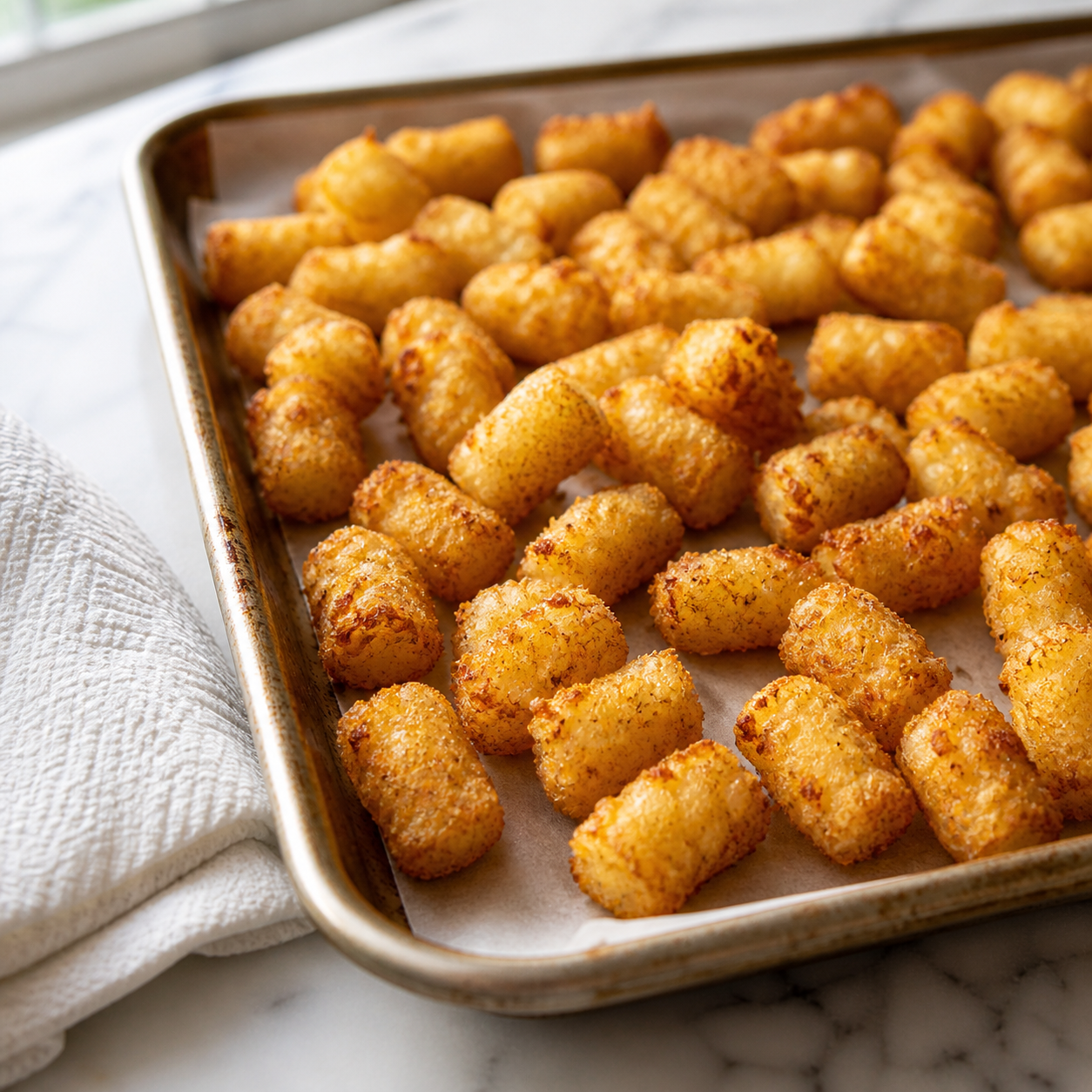 Tater tots baked golden and crispy on a baking sheet — ready to go into the burritos