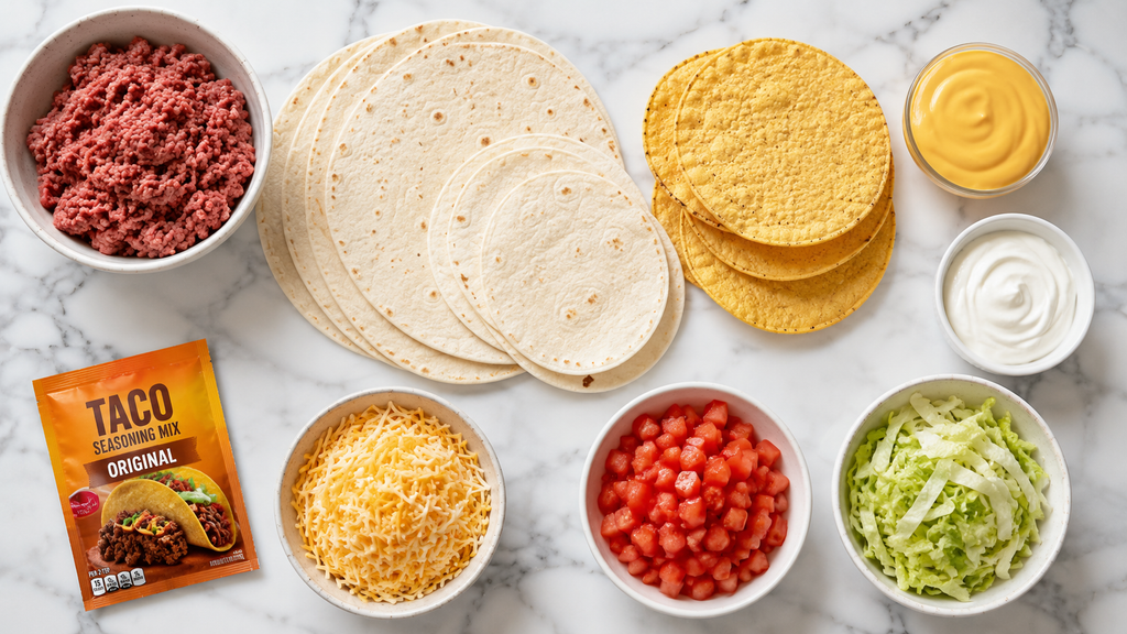 All crunchwrap ingredients laid out — flour tortillas, ground beef, tostada shells, nacho cheese, sour cream, lettuce, tomatoes and shredded cheese
