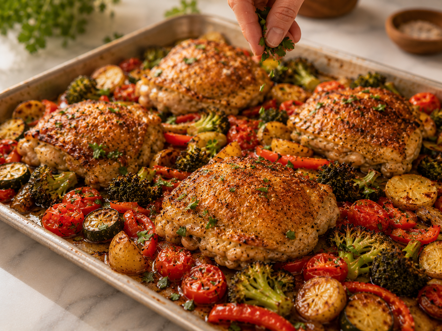 Finished garlic parmesan sheet pan chicken resting on the pan — golden skin, caramelized vegetables, ready to serve