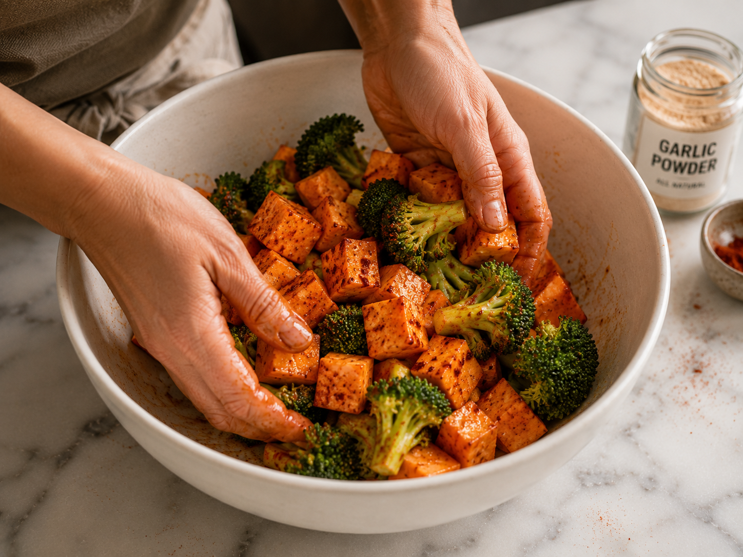 Sweet potato cubes and broccoli florets tossed in spiced olive oil spread on a baking sheet