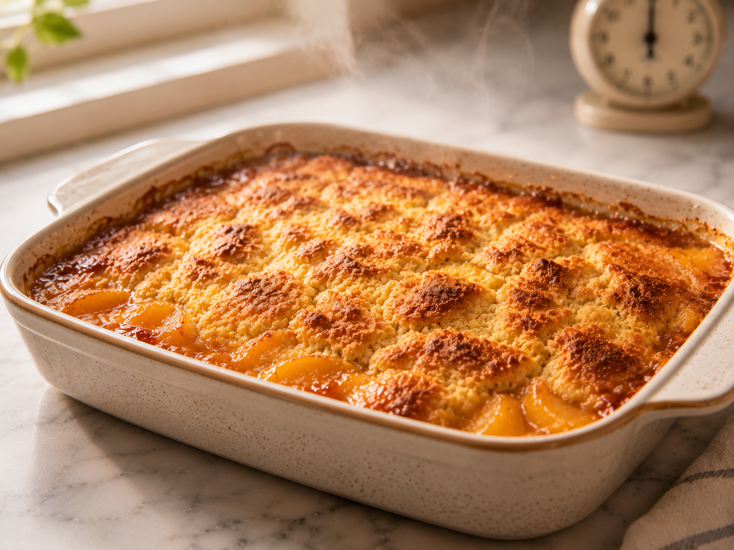Baked peach cobbler resting on the counter for 10 minutes — golden and bubbling, just out of the oven
