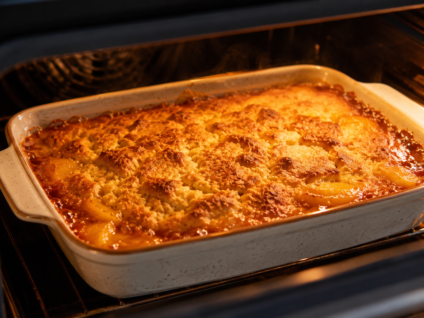 Peach cobbler baking in the oven — golden brown top with peach filling bubbling up around the edges