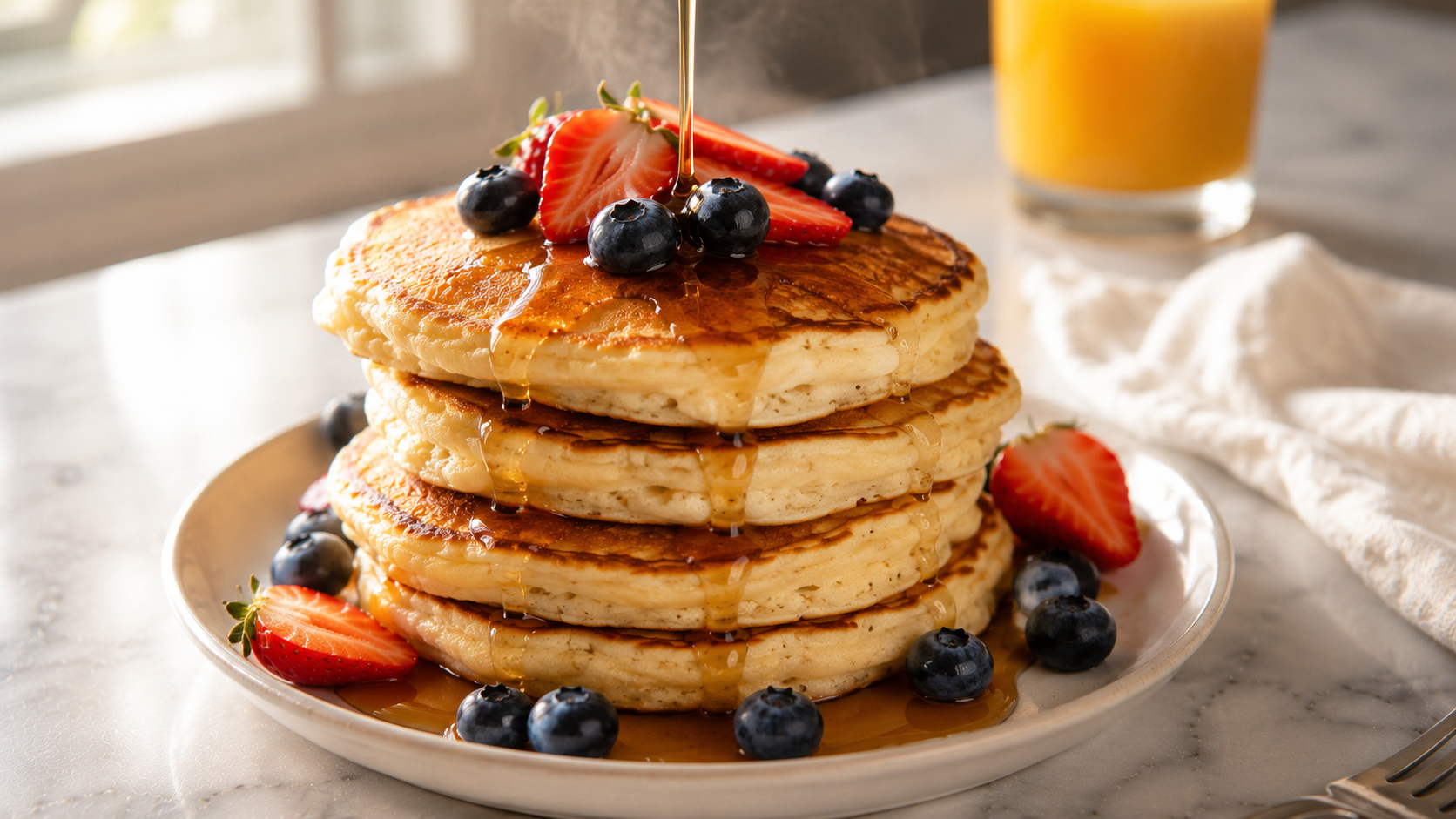 Stack of thick fluffy protein pancakes topped with fresh berries and a drizzle of honey