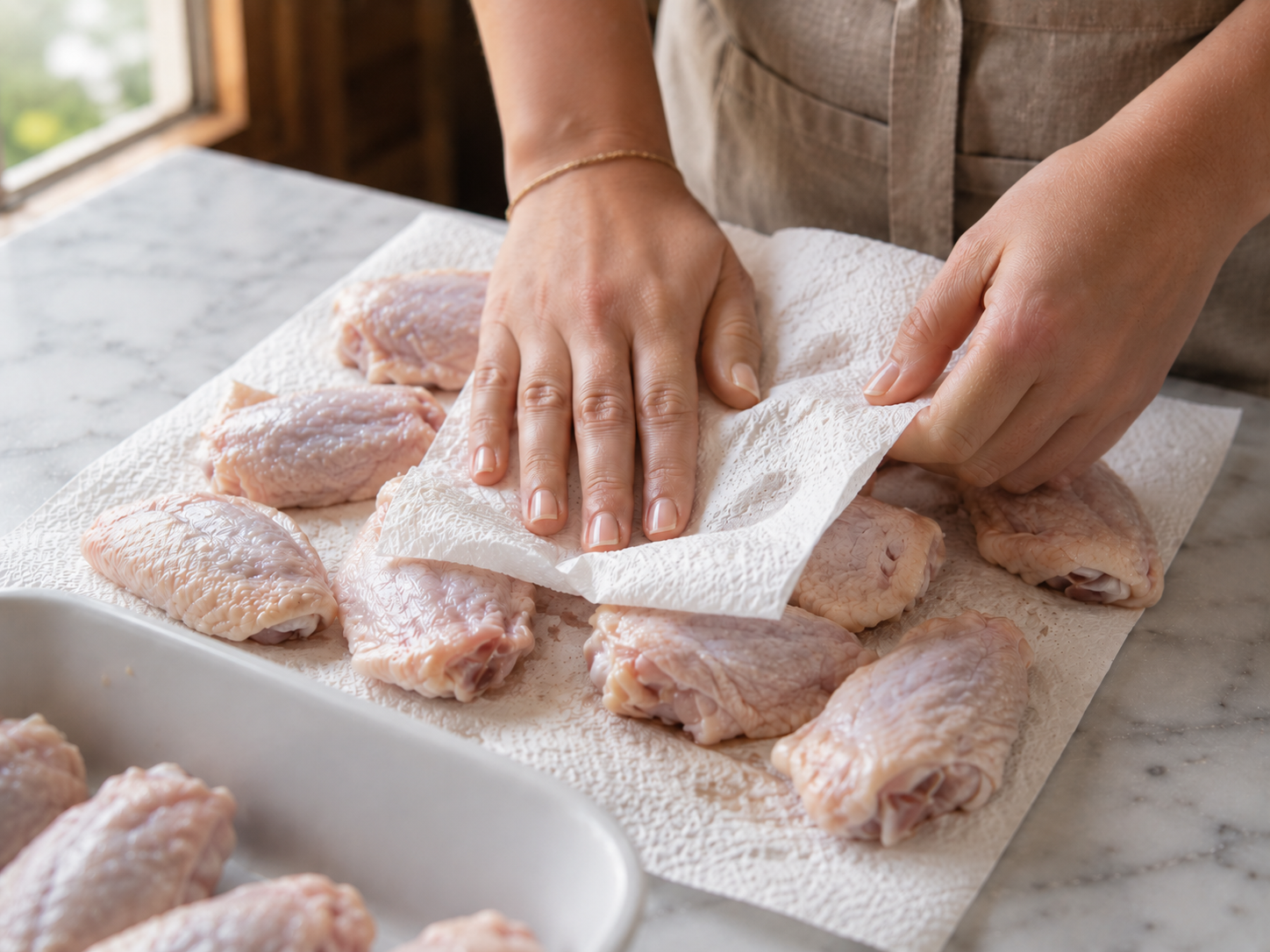 Chicken wings being patted completely dry with paper towels before seasoning