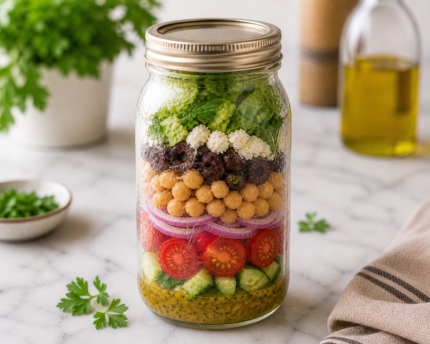 Fresh parsley and dill scattered over the romaine — the finishing touch that makes the jar look stunning