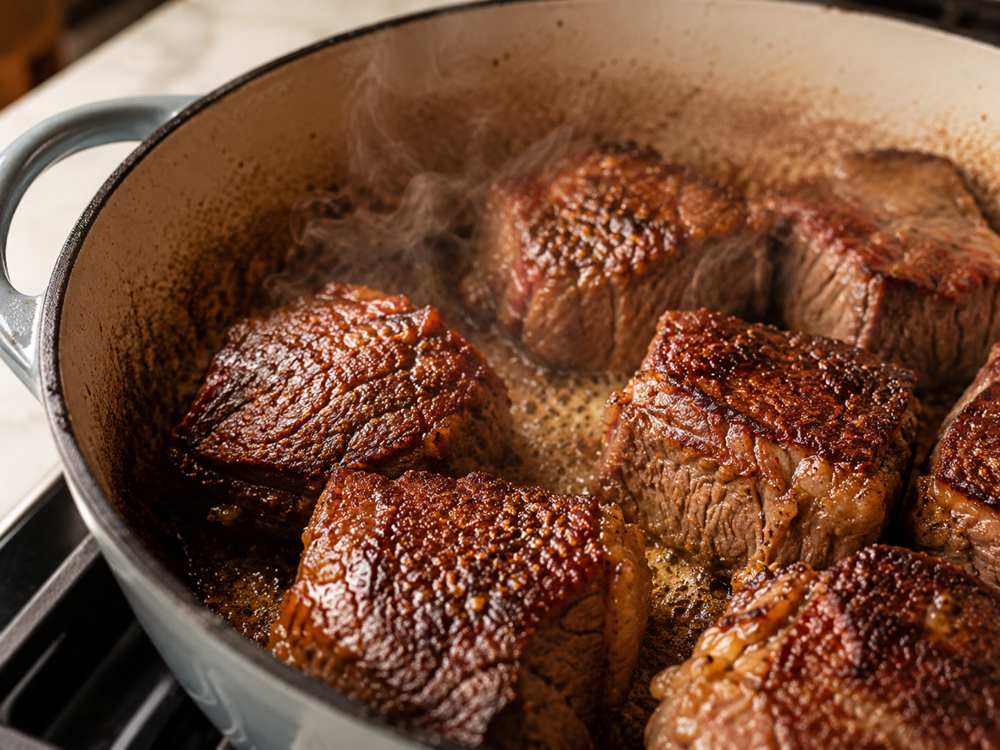 Beef chuck chunks searing in a hot Dutch oven &mdash; golden and deeply browned on all sides