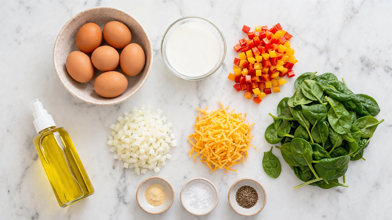 All veggie egg muffin ingredients laid out: eggs, bell pepper, spinach, onion, cheddar, milk and seasonings