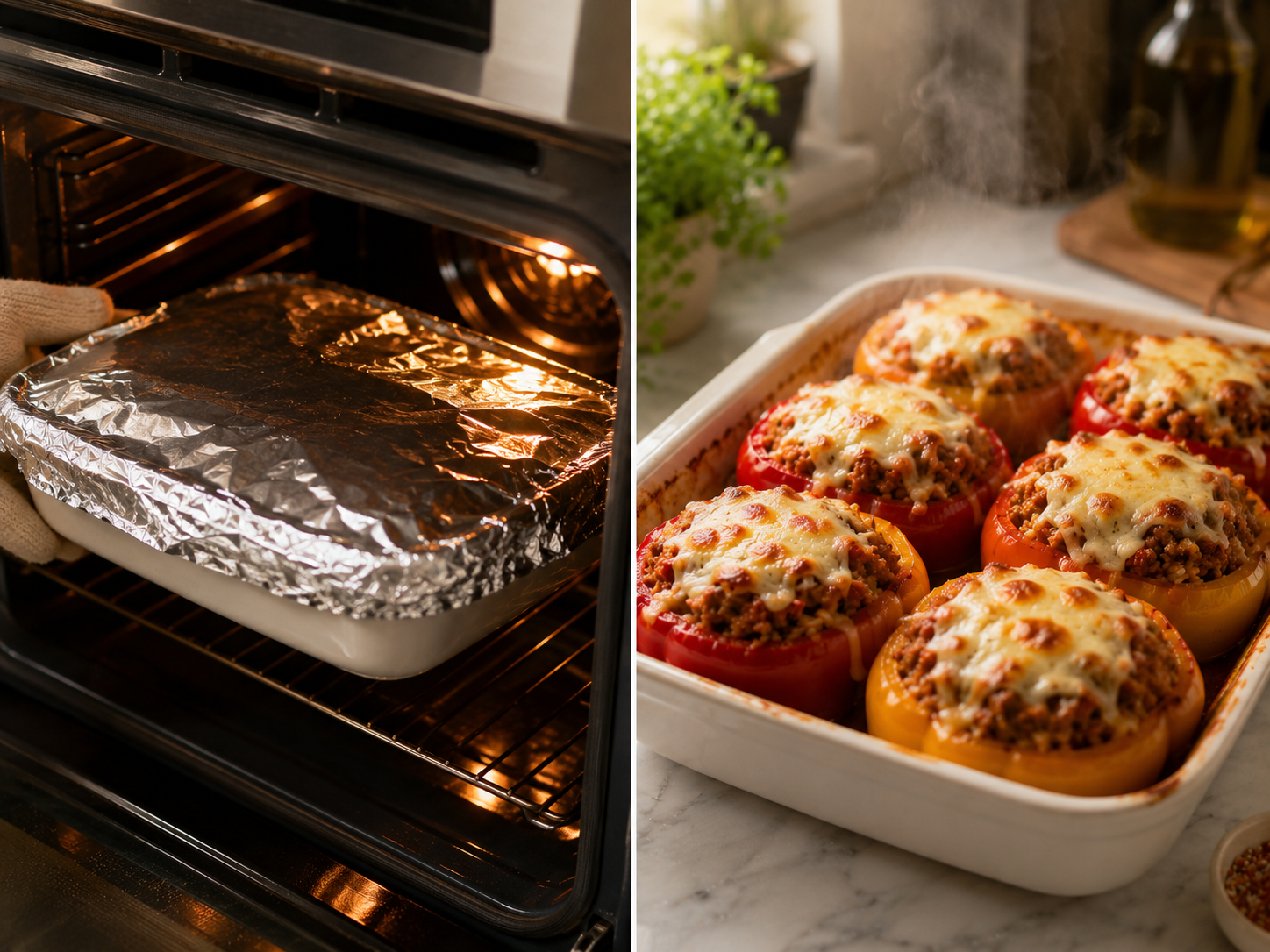 Stuffed peppers baking uncovered — cheese melted and golden and just starting to bubble at edges