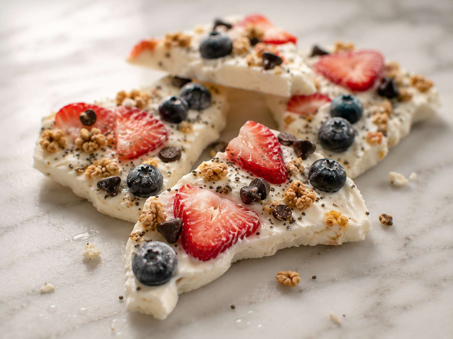 Frozen yogurt bark broken into irregular pieces — ready to serve