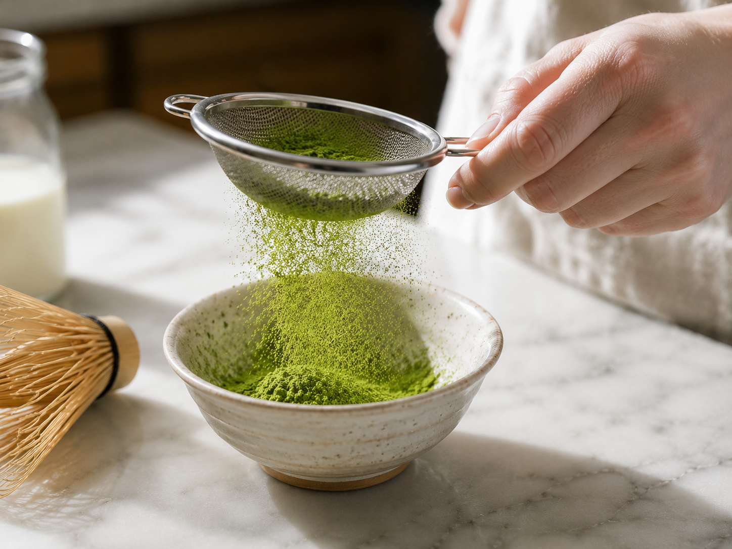 Sifting matcha powder into a small bowl to remove lumps before whisking
