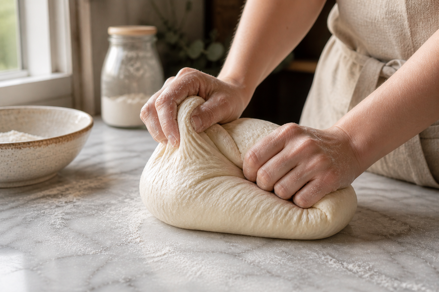 Dough being kneaded on a lightly floured surface — smooth and slightly tacky