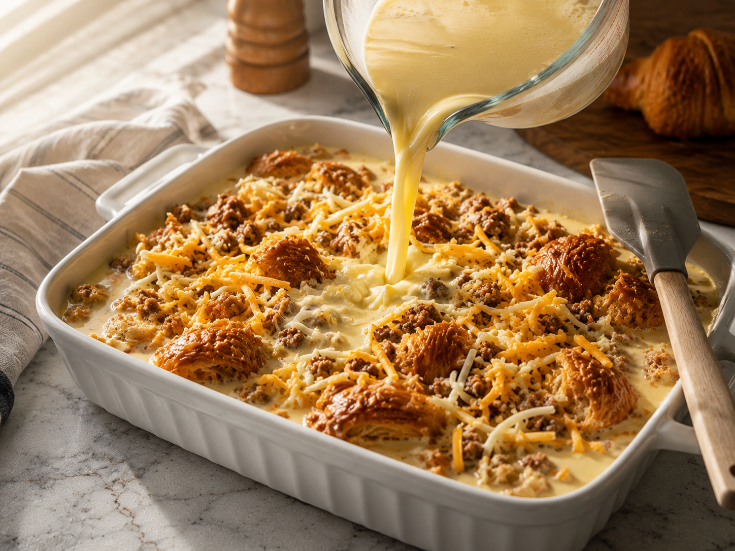 Egg custard poured over the casserole with croissants pressed down to absorb, topped with remaining cheddar