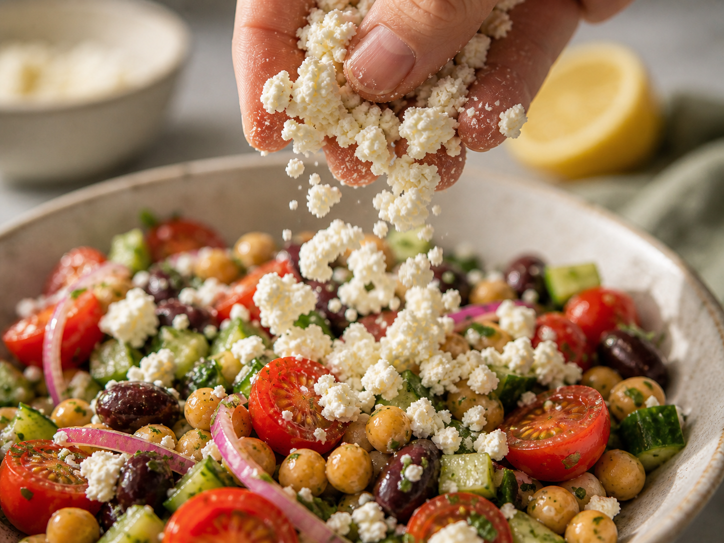 Crumbled feta folded gently into the salad — kept in chunks rather than mixed in aggressively
