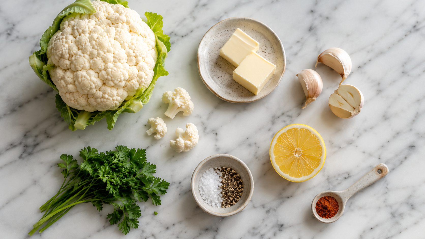 All cauliflower rice ingredients laid out: cauliflower head, butter, garlic cloves, parsley, salt and pepper
