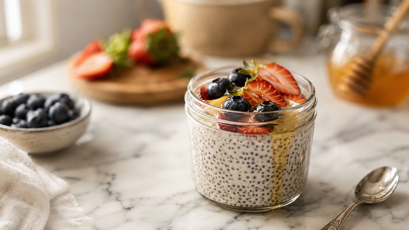 Chia seed pudding in a jar topped with fresh berries and granola &mdash; thick, creamy and ready to eat