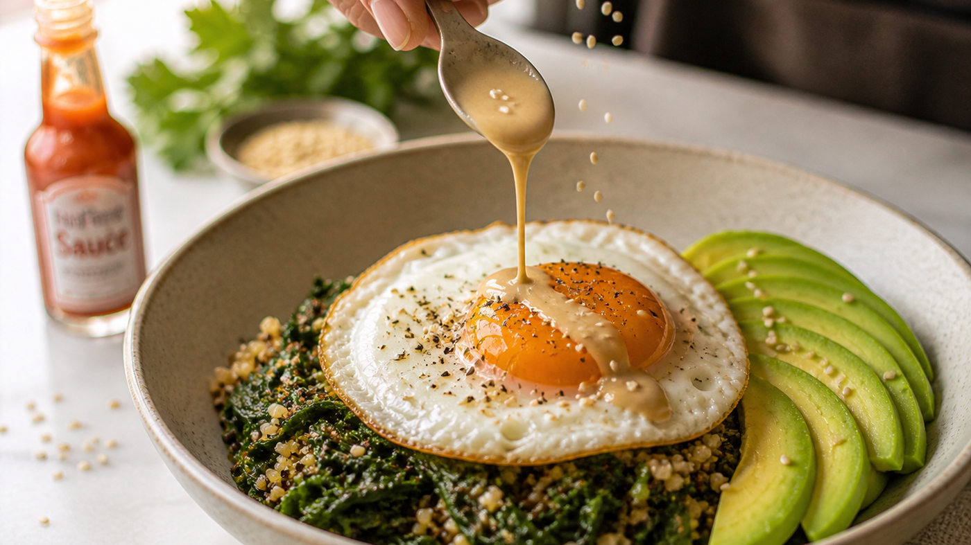 Savory Breakfast Bowl — Grains, Greens, Egg & Avocado