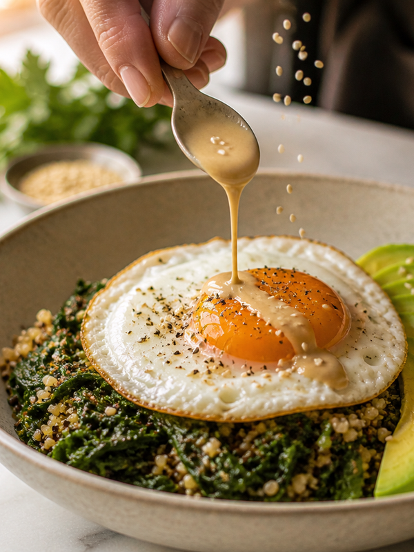 Savory Breakfast Bowl — Grains, Greens, Egg & Avocado