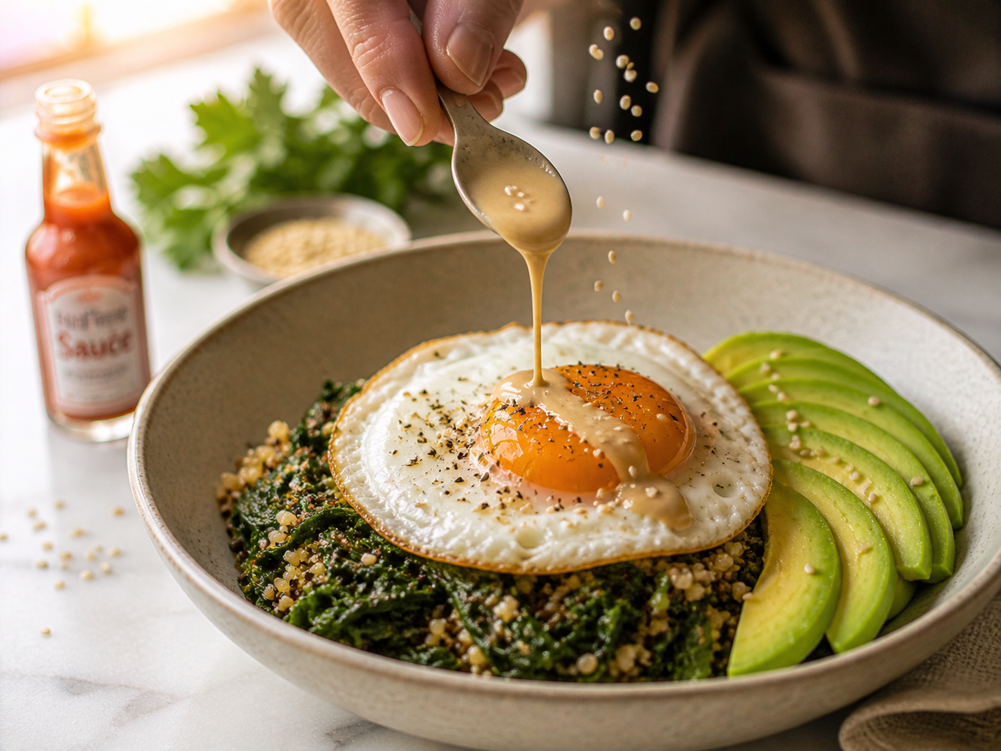 Finished savory breakfast bowl with tahini drizzle, sesame seeds and green onions — warm and ready to eat