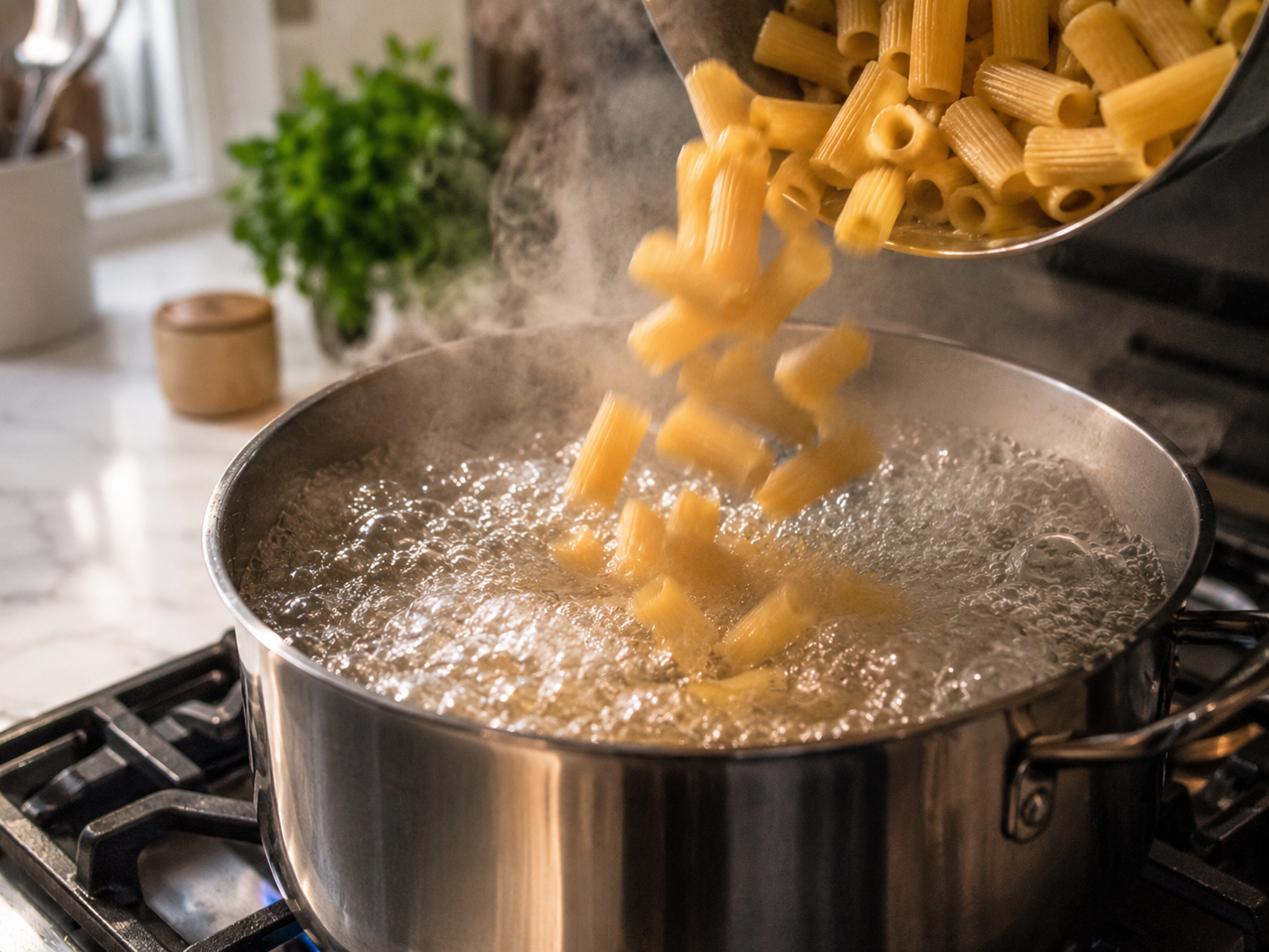 Pasta boiling in salted water — about to be drained with pasta water reserved