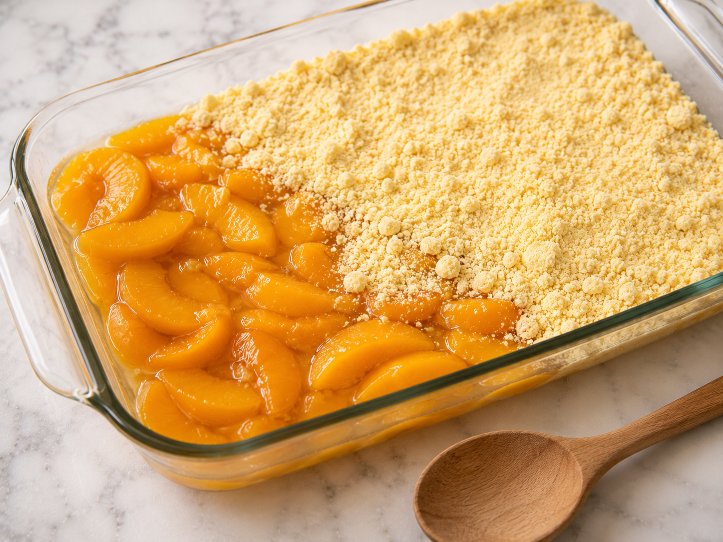Dry yellow cake mix sprinkled evenly over the peaches — not stirred, just spread flat