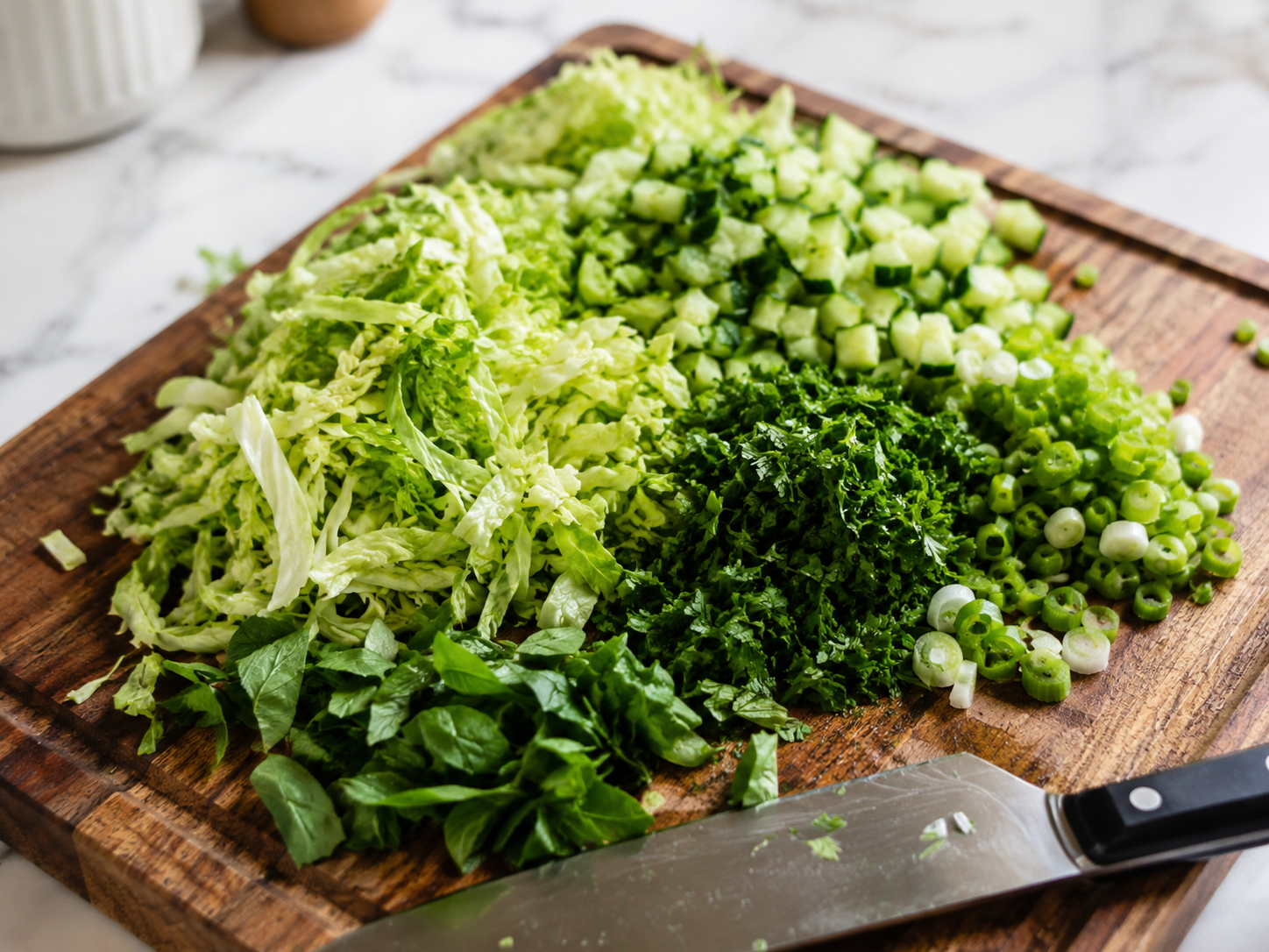 Cabbage, cucumber, herbs and green onions finely chopped on a board — ready to combine