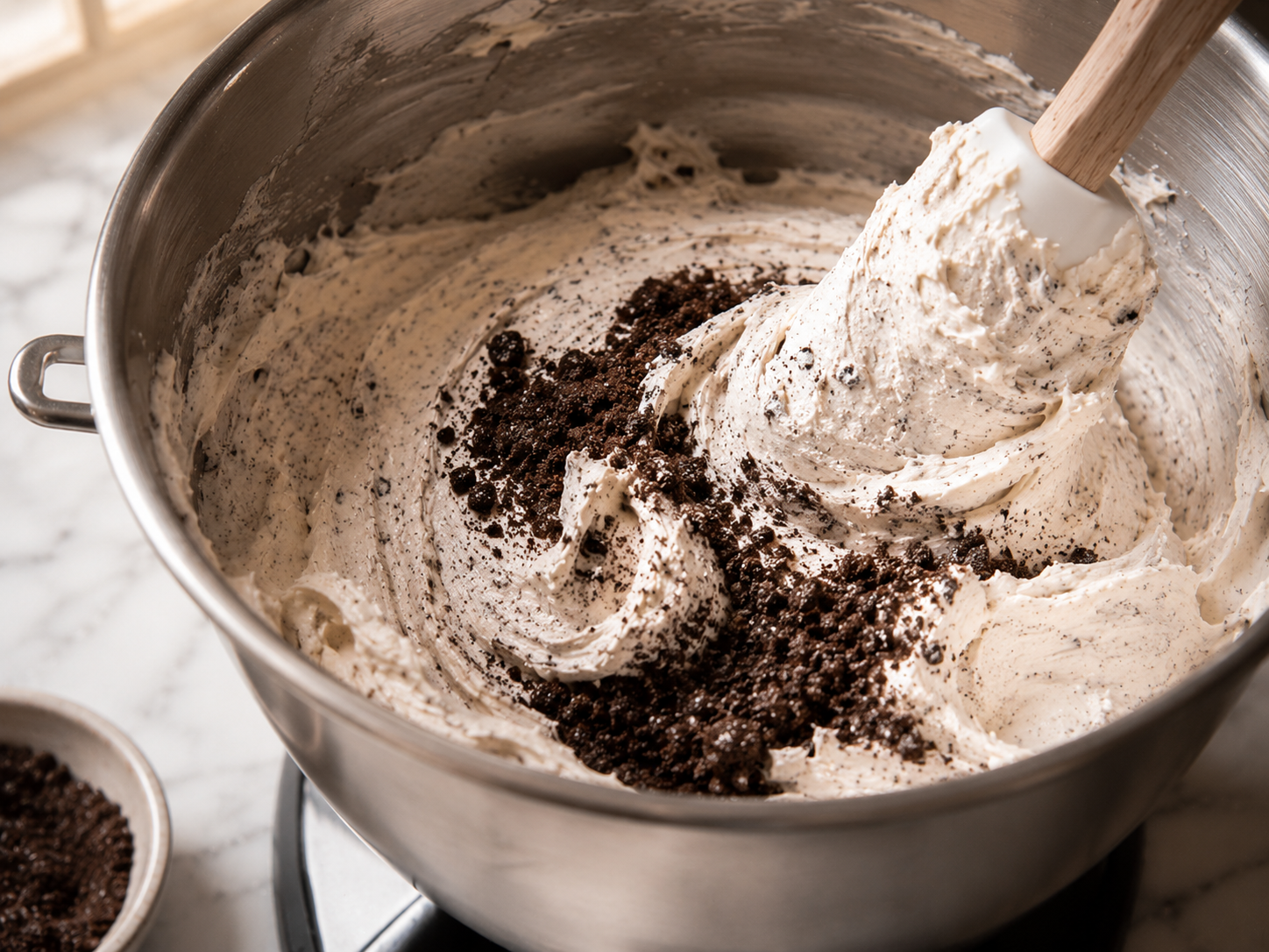 Oreo cream cheese frosting beaten fluffy with crushed cookies folded through — thick and speckled