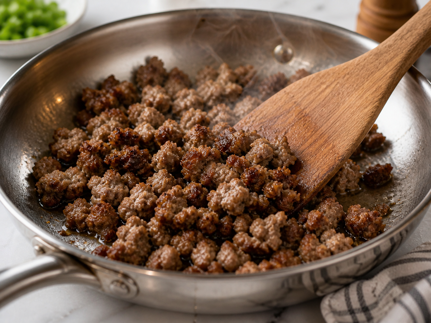 Breakfast sausage browning in a skillet, broken into crumbles — drained and set aside to cool